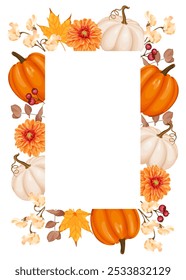 An autumn-themed frame featuring orange pumpkins, white pumpkins, orange dahlias, maple leaves, berries, and soft neutral foliage, creating a festive and cozy border for seasonal designs. Vector.