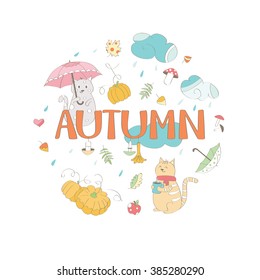 A autumn-themed graphic medley. Isolated vector design elements on a white background. Hand drawn.  Doodle style.  Vector illustration.