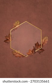 Autumn-themed hexagonal frame with fall leaves. Rich brown and gold tones. Perfect for seasonal designs, autumn invitations, or fall-themed projects. Autumn background vector.