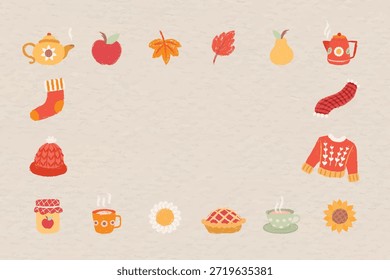 Autumn-themed illustration with cozy elements like tea, pie, sweater, and leaves. Warm colors highlight fall, tea, and cozy vibes. Cozy themed frame background vector.