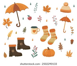 Autumn-themed illustration featuring boots, umbrellas, pumpkins, and cozy accessories in warm colors