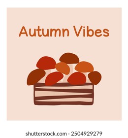 Autumn-themed illustration featuring colorful leaves in a wooden basket against a soft background