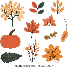 Una ilustración con temática otoñal que presenta una variedad de hojas de otoño, una calabaza y un árbol, todo en tonos cálidos y terrosos.