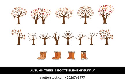 Autumnthemed image featuring bare trees, fallen leaves, brown boots, and branches. Perfect for seasonal designs, nature concepts, and lifestyle posts.