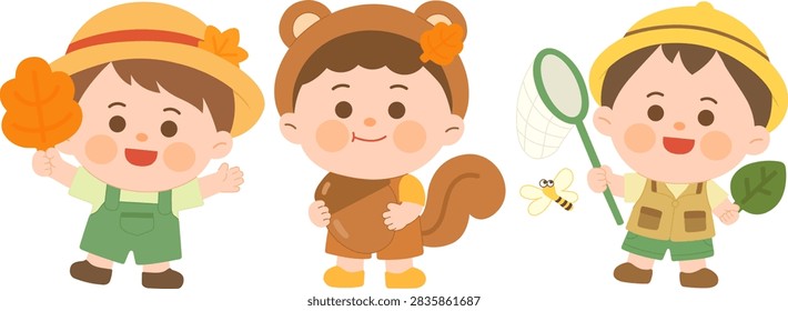 Autumn-themed learning material design elements, a boy in a hat holding fallen leaves, a squirrel boy holding acorns, insect collecting, a boy catching dragonflies with a dragonfly net, cute male child character vector illustration set