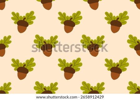 Autumn-themed pattern with brown acorns and green oak leaves