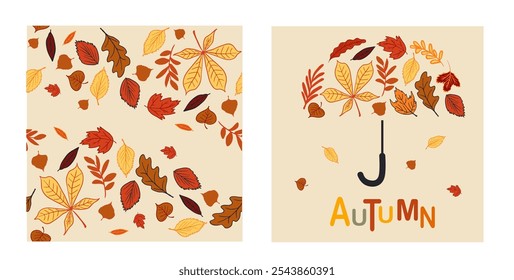 Autumn-themed postcard with vibrant leaves forming an umbrella. Perfect for seasonal greetings, fall invitations, or cozy decor, capturing the warmth and beauty of autumn