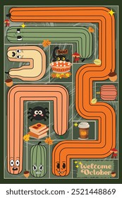 Autumn-themed pumpkin maze illustration featuring playful gourds, a black cat with pie, fall leaves, and festive elements. Perfect for October-themed designs, kids' activities, or seasonal decor.