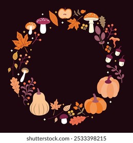 Autumn-Themed Round Frame with Colorful Leaves, Pumpkins, Acorns and Mushrooms. Black background. Perfect for seasonal designs.