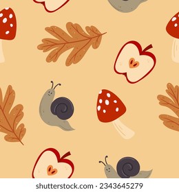 Autumn-themed Seamless Pattern Featuring A Delightful Combination Of Leaves, Snails, Mushrooms, And Ripe Apples, Creating A Charming And Nature-inspired Tile Design. Cartoon Vector Illustration