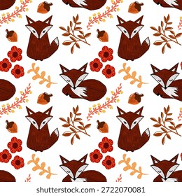 Patrón sin fisuras de temática otoñal con zorros, hojas, flores y bellotas. Un diseño infantil para tela, papel, paredes y textiles.