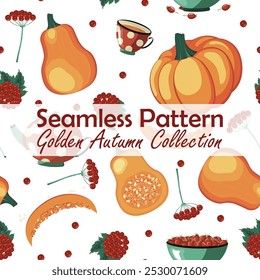 Autumn-Themed Seamless Pattern Featuring Pumpkins, Viburnum Twigs, teapot, tea cup, red viburnum, red berries and green plate with rose hips