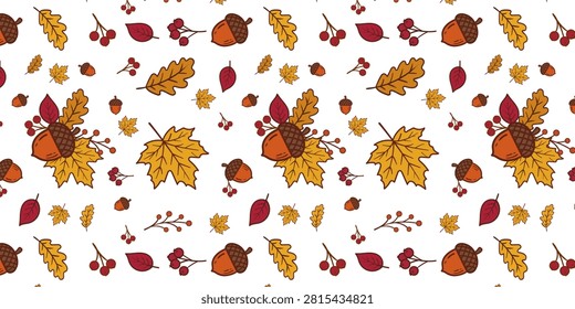 An autumn-themed seamless pattern packed with hand-drawn seasonal elements, including large acorns, vibrant yellow maple leaves, oak foliage, deep red leaves, and sprigs of berries. Designed as a repeating seamless background, this vector illustration is perfect for Thanksgiving gift wrapping, seasonal textiles, fall wallpapers, website headers, packaging, and cozy autumn graphic design projects.

#AutumnPattern #SeamlessPattern #FallBackground #AcornPattern #ThanksgivingVector #AutumnLeaves #SurfacePatternDesign #FallVibes #VectorIllustration #SeasonalDesign