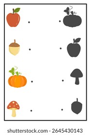 Autumn-themed shadow matching worksheet for kids. Match the colorful objects like apples, pumpkins, mushrooms, and acorns to their corresponding shadows. Great for early childhood development and visu