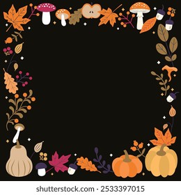 Autumn-Themed Square Frame with Colorful Leaves, Pumpkins, Acorns and Mushrooms. Perfect for seasonal designs.