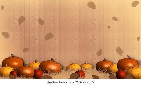 Autumn-themed vector background featuring pumpkins, apples, and falling leaves against a rustic wood panel backdrop. Ideal for seasonal designs, Thanksgiving, or harvest-related projects.