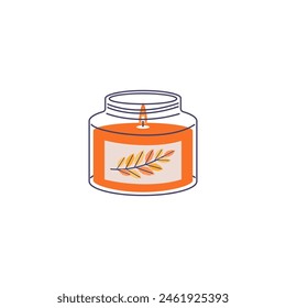 Autumn-themed vector illustration of an aromatic candle in a jar, with a leaf design, creating a cozy atmosphere.