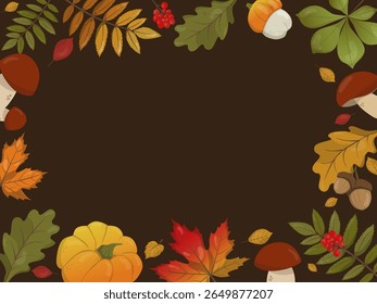 Ilustração vetorial com tema de outono apresentando um quadro de folhas coloridas, cogumelos, bolotas e bagas contra um fundo escuro. Perfeito para projetos sazonais e projetos de natureza temática.