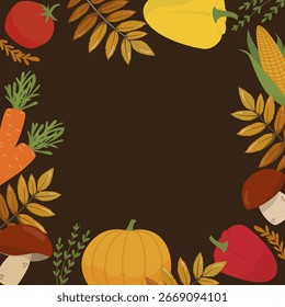 Autumn-themed vector illustration featuring a frame made of harvest vegetables like pumpkins, carrots, corn, and peppers with colorful leaves. Perfect for seasonal designs and displays.