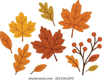 Ilustração vetorial com tema de outono apresentando folhas de queda desenhadas à mão. Ideal para projetos sazonais, embalagens, artesanato e Ação de Graças ou decorações de férias em uma paleta quente terra.