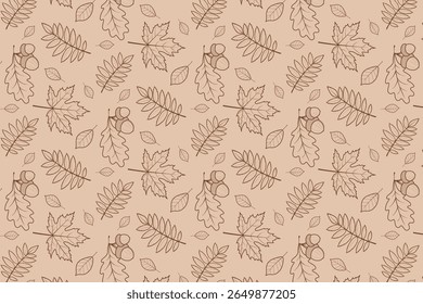 Ilustração vetorial com tema de outono apresentando um padrão sem costura de várias folhas e bolotas em um fundo marrom sutil. Ideal para projetos sazonais e projetos decorativos.