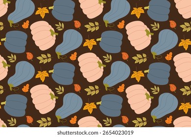Ilustração vetorial com tema de outono apresentando um padrão perfeito de abóboras e folhas coloridas. O design inclui abóboras azuis e laranja estilizadas ao lado de folhas vibrantes em um fundo escuro.