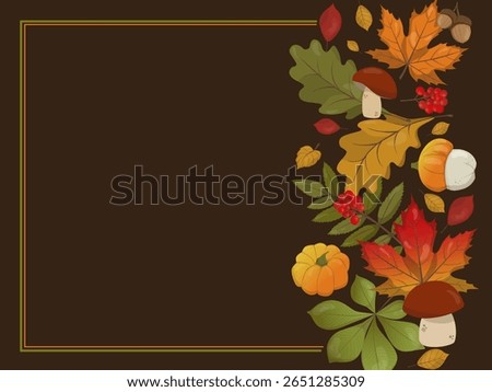 Autumn-themed vector illustration featuring vibrant leaves, pumpkins, mushrooms, and berries on a dark background. Perfect for seasonal designs and harvest festival projects.