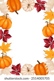 Autumn-themed vector illustration of a frame with pumpkins, leaves, and decorative elements. Ideal for banners, invitations, or seasonal designs.