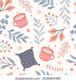 Autumn-winter pattern with candles, pillow, leaves, berries