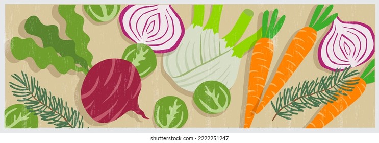 Autumnwinter vegetables. You can use this composition, re-arrange the items or use them separately. Vegetables are: red turnip, Brussels sprouts, carrots, fennel, red onions, and rosemary.