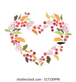 Autumn/winter wedding floral wreath with flowers, herbs, flower bundles, laurels, berries.  Invitation template with autumn/winter flower motives. Save the date card, postcard, logotype elements