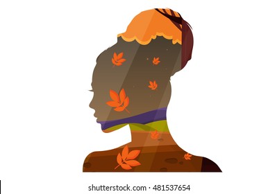 Autumn.Woman face silhouette.Vector. Double expose illustration. Beautiful woman face profile with autumn nature landscape inside.
