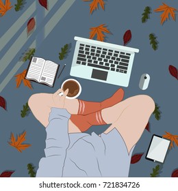Autumn,working desk illustration with fall leaves,laptop,book,notepad,mouse and girl drinking coffee.Cozy mood vintage illustration.Vector illustration.