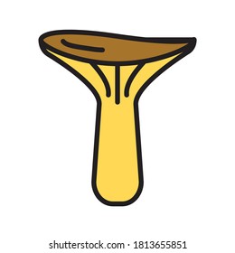 Autumny flat line icon in brown and yellow with black contour. Symbol of fall. Seasonal art. Simple chanterelle mushroom illustration, perfect for culinary or eco theme and for design for children.