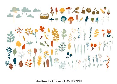 Autumt vector set. Leaves, mushrooms, clouds and berries. cartoon style illustration