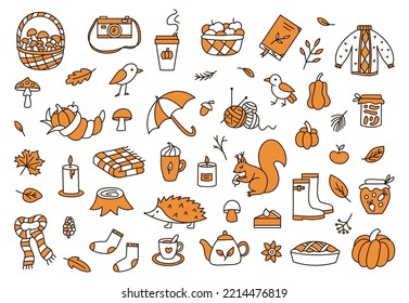Autunm clipart with doodle elements. Perfect for postcards, invitations and seasonal decorations. Doodle style. Vector illustration.