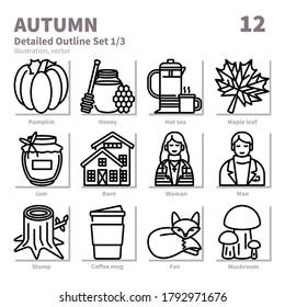 Autunm icons set, Detailed Outline, vector and illustration set 1