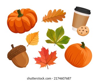 Auturmn set in cartoon vector style. Group of autumn objects isolated on white background. Pumpkin, latte, cookie, leaves, acorn. 