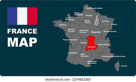 Auvergne Map, Auvergne red highlighted in 🇫🇷 FANCE 🇫🇷 map, flat design illustration vector