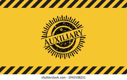 Auxiliary black grunge emblem inside yellow warning sign. Vector Illustration. Detailed. 