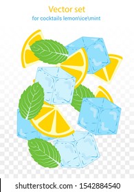 Auxiliary elements for refreshing drinks on a transparent background. Mint, lemon, ice cubes for cocktail, fresh and jus.
