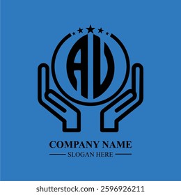 AV initials held within hands, symbolizing trust and protection. The circle represents unity, while stars highlight excellence and ambition.