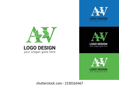 Letras AV eco logo con hoja. Tipo de vectores para afiches naturales, emblema ecológico, identidad vegana, tarjetas botánicas y de hierbas, etc. Ecología AV letras logotipo con hoja verde.