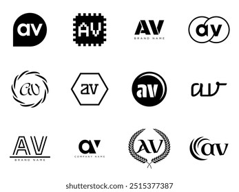 AV logo company template. Letter a and v logotype. Set different classic serif lettering and modern bold text with design elements. Initial font typography. Collection trendy business identity.