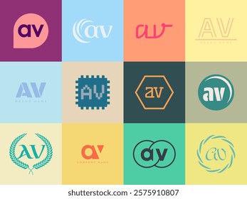 AV logo company template. Letter a and v logotype. Set different classic serif lettering and modern bold text with design elements. Initial font typography. Collection trendy business identity.