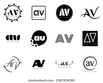 AV logo company template. Letter a and v logotype. Set different classic serif lettering and modern bold text with design elements. Initial font typography. Collection trendy business identity.