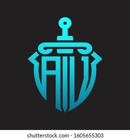 AV Logo monogram with sword and shield combination isolated blue colors gradient