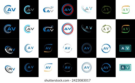 AV minimalist and classic logo set design. AV flat and simple style with black and white color variation letter logo set in one artboard.