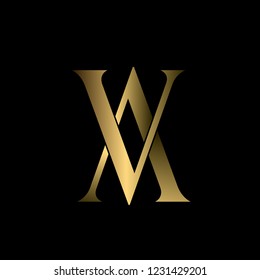 AV monogram.Typographic logo with letter V and letter A.Shiny metallic gold lettering icon isolated on dark background.