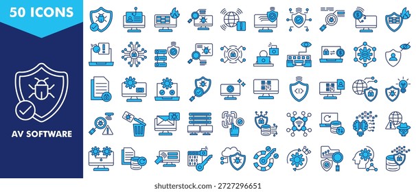 colección de conjunto de iconos de software AV. conjunto de iconos contiene antimalware, phishing, análisis de virus, seguridad cibernética, antivirus, ataque cibernético, solución antivirus. Ilustración vectorial simple.